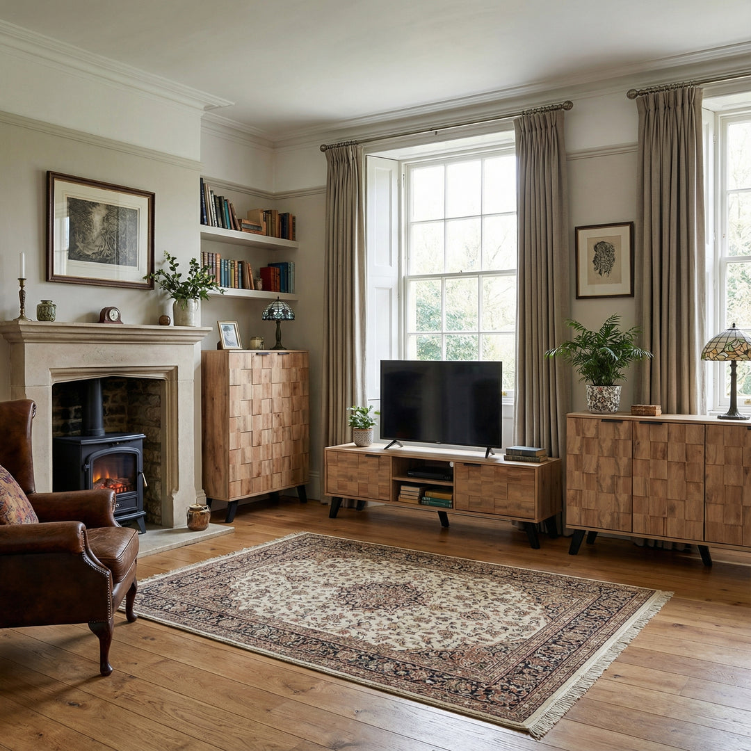 Set of 3 modern sideboard TV stand and shoe cabinet with geometric wood texture black legs DECOMPOS+FLAGELLUM+LYSOGEN