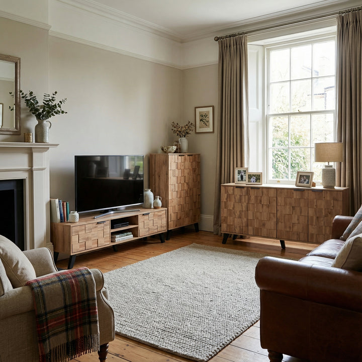 Set of 3 modern sideboard TV stand and shoe cabinet with geometric wood texture black legs DECOMPOS+FLAGELLUM+LYSOGEN