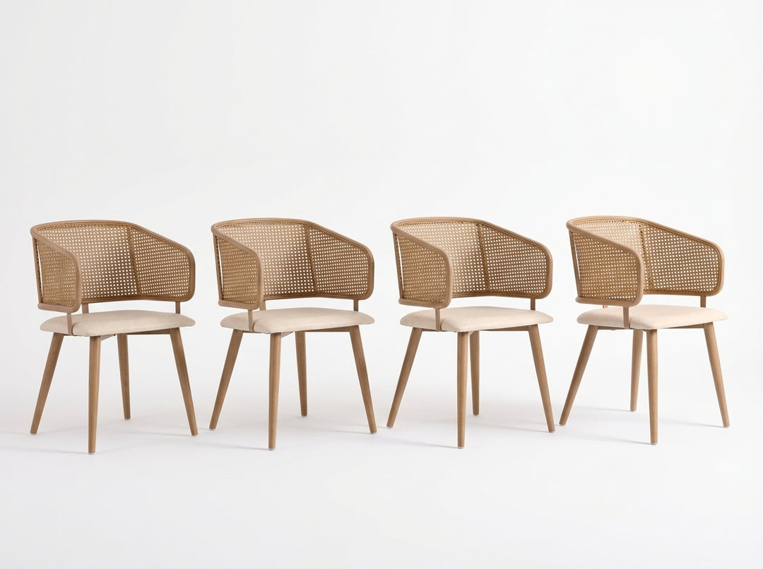 Set of 4 modern beige PU dining chairs with rattan backrest REELING