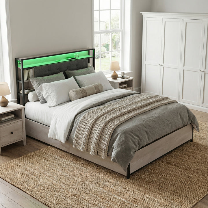 Grey metal double bed frame shelves with LED lighting (135x190cm) PHYTOSID