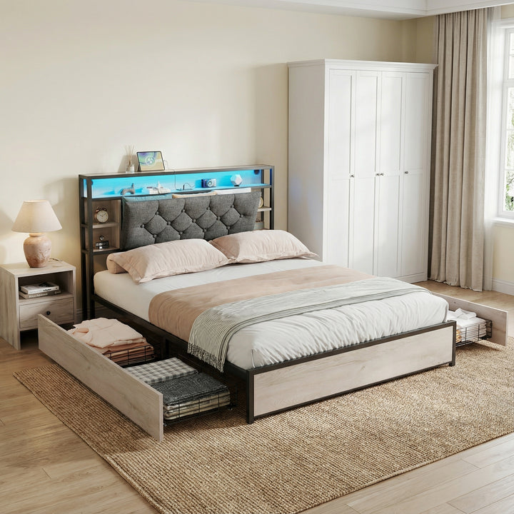 Grey metal double bed frame shelves with LED lighting (135x190cm) PHYTOSID