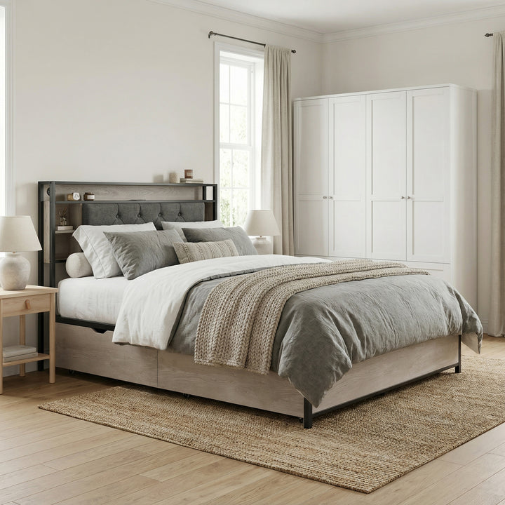 Grey metal double bed frame shelves with LED lighting (135x190cm) PHYTOSID