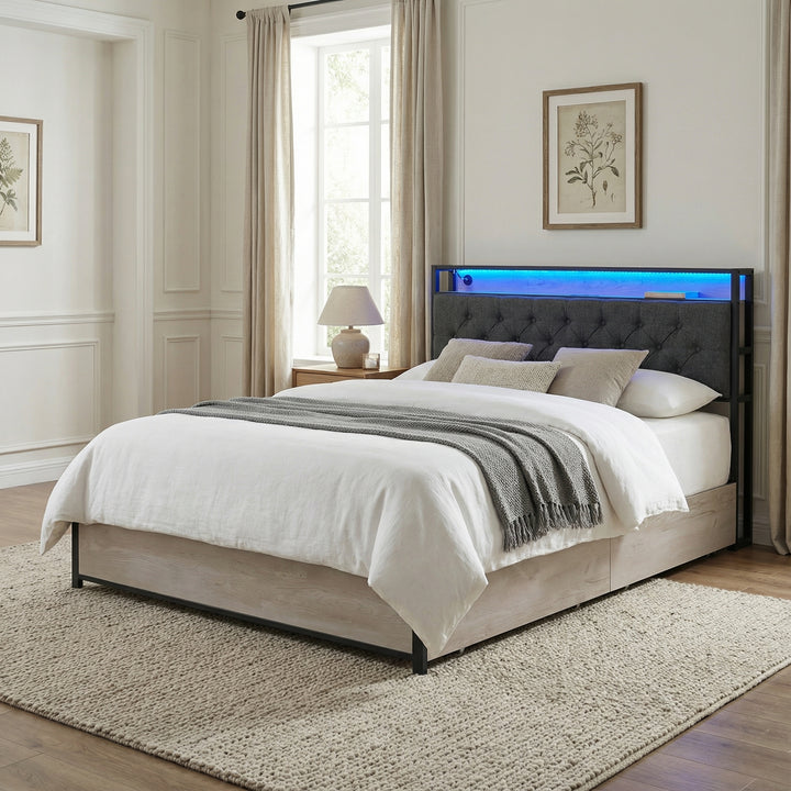 Grey metal double bed frame shelves with LED lighting (135x190cm) PHYTOSID