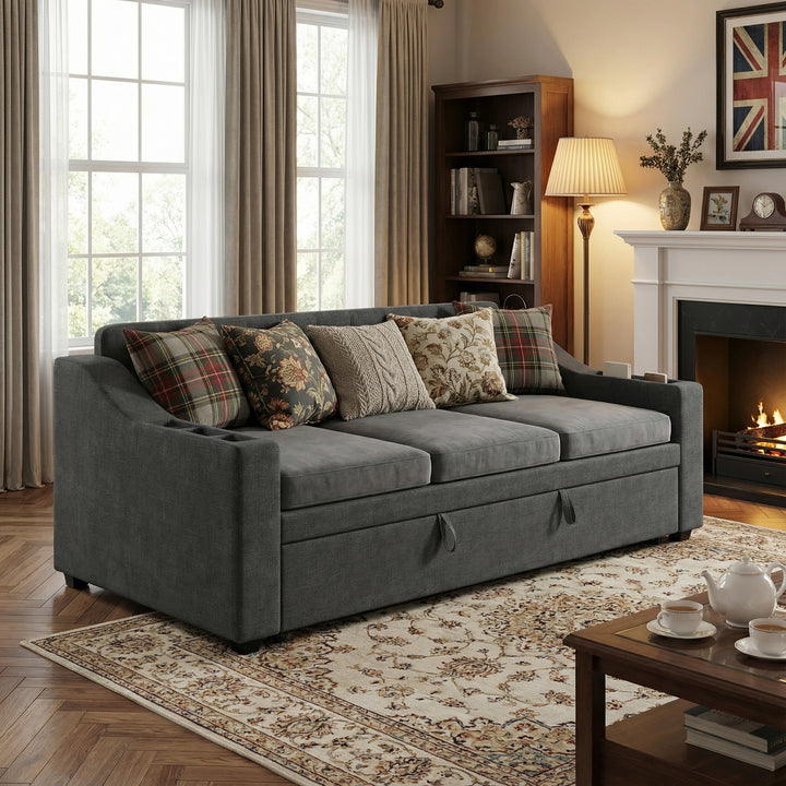 Dark grey linen tufted upholstered daybed with trundle and charging station CEARA
