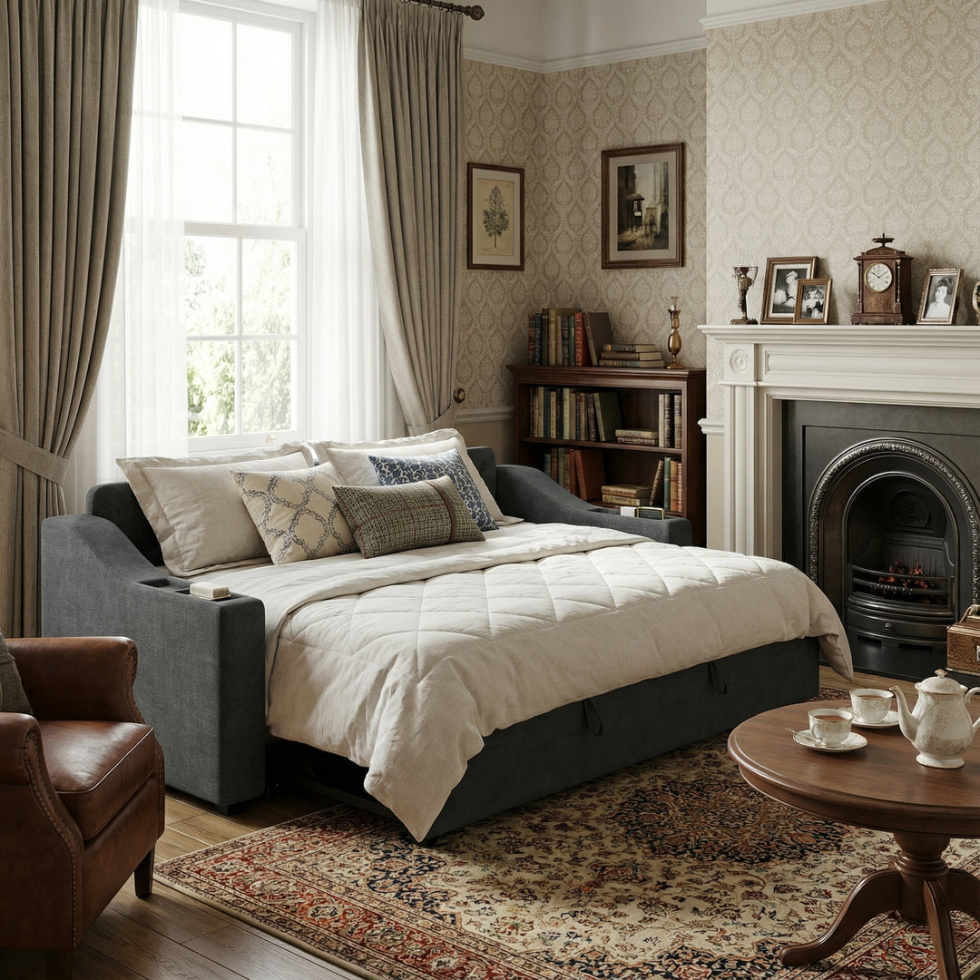 Dark grey linen tufted upholstered daybed with trundle and charging station CEARA