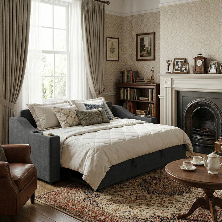 Dark grey linen tufted upholstered daybed with trundle and charging station CEARA