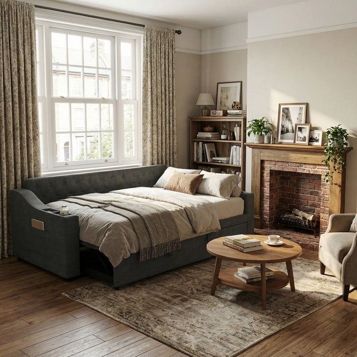 Dark grey linen tufted upholstered daybed with trundle and charging station CEARA