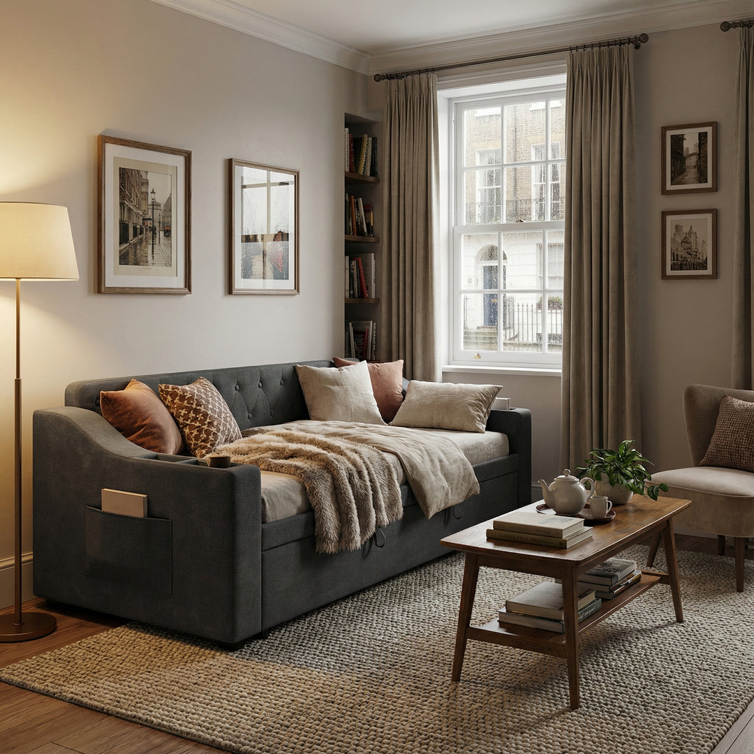 Dark grey linen tufted upholstered daybed with trundle and charging station CEARA