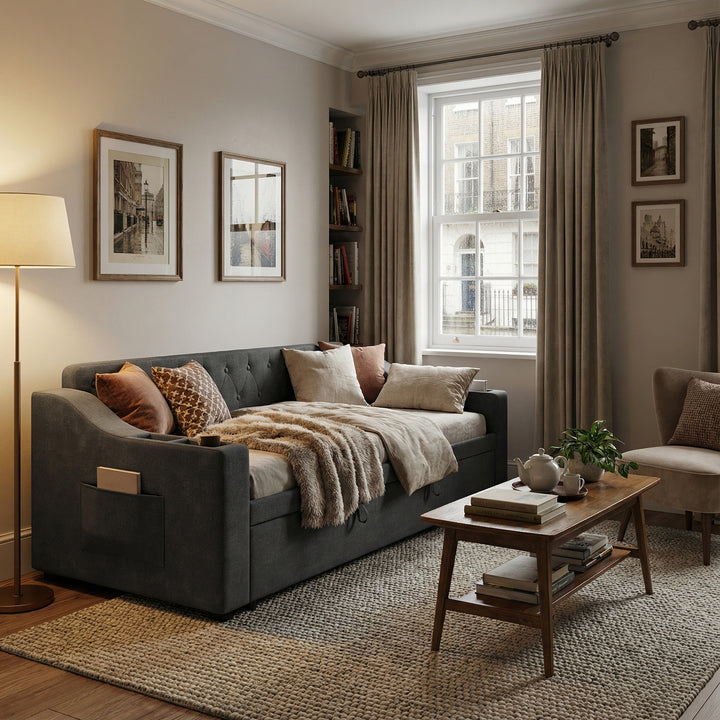 Dark grey linen tufted upholstered daybed with trundle and charging station CEARA