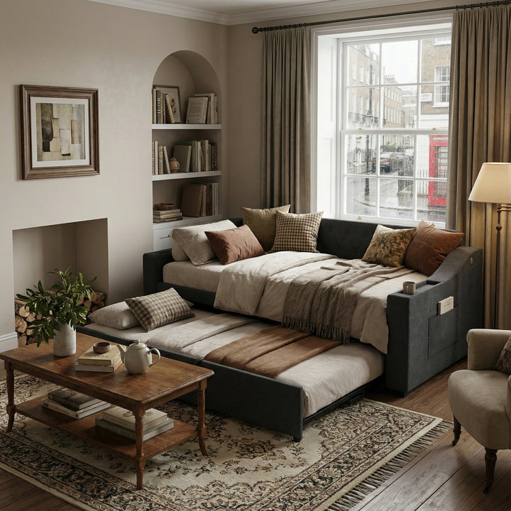 Dark grey linen tufted upholstered daybed with trundle and charging station CEARA