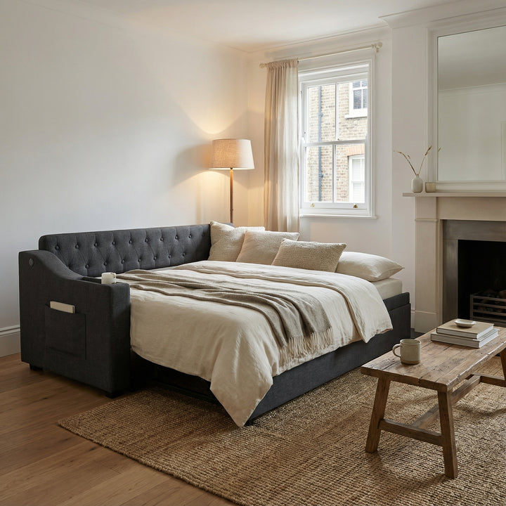 Dark grey linen tufted upholstered daybed with trundle and charging station CEARA