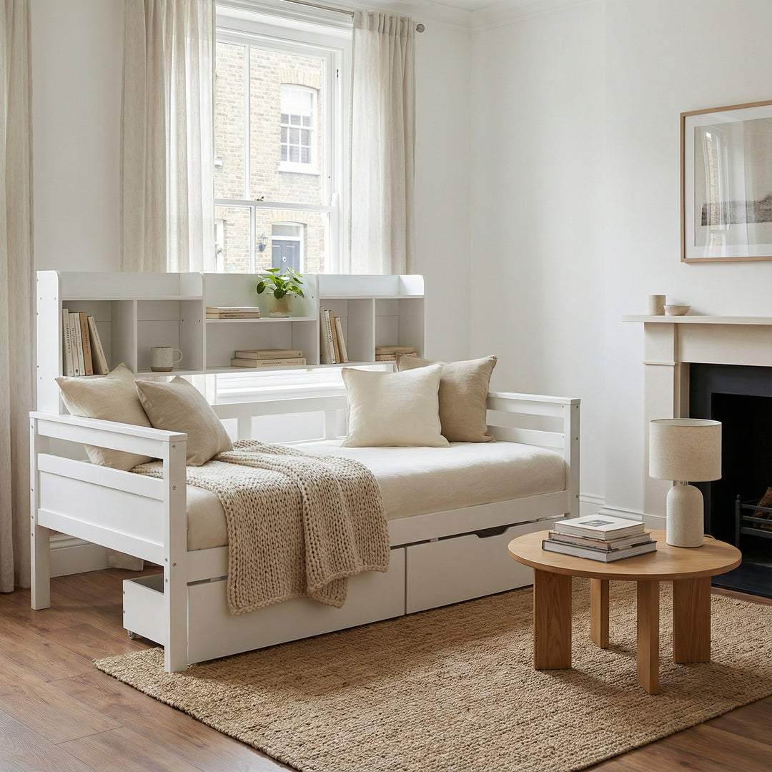 White wooden daybed with shelves and 2 drawers (90*190cm) SANDARAC