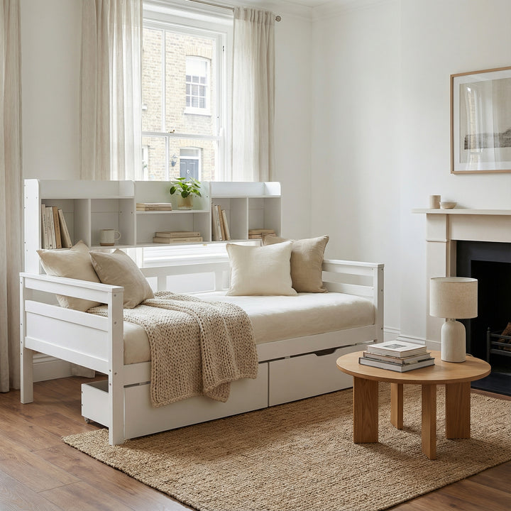 White wooden daybed with shelves and 2 drawers (90*190cm) SANDARAC
