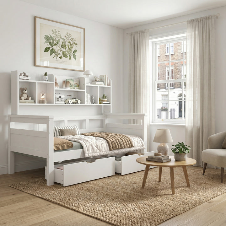 White wooden daybed with shelves and 2 drawers (90*190cm) SANDARAC