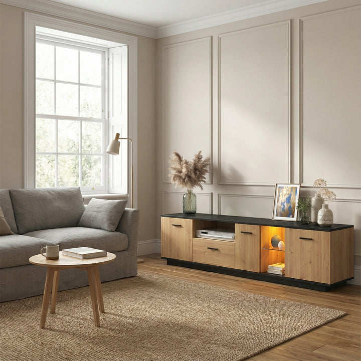 Black wooden TV cabinet with 3 doors & LED lighting INDUSIUM