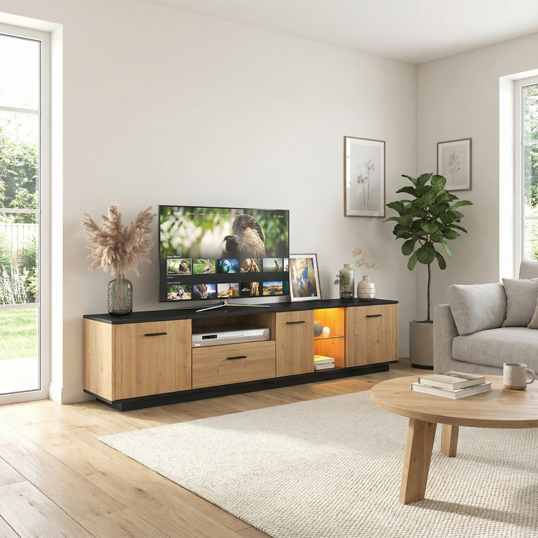 Black wooden TV cabinet with 3 doors & LED lighting INDUSIUM