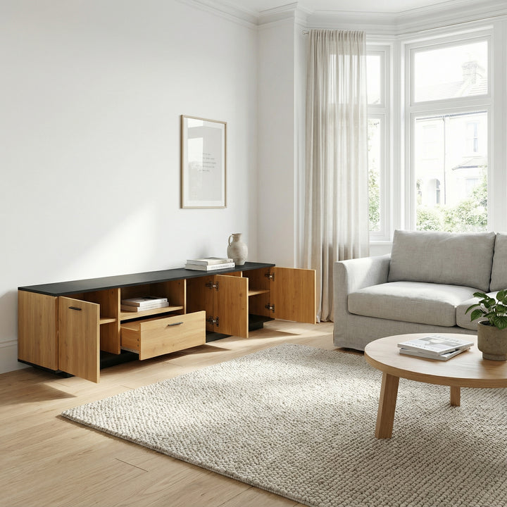 Black wooden TV cabinet with 3 doors & LED lighting INDUSIUM