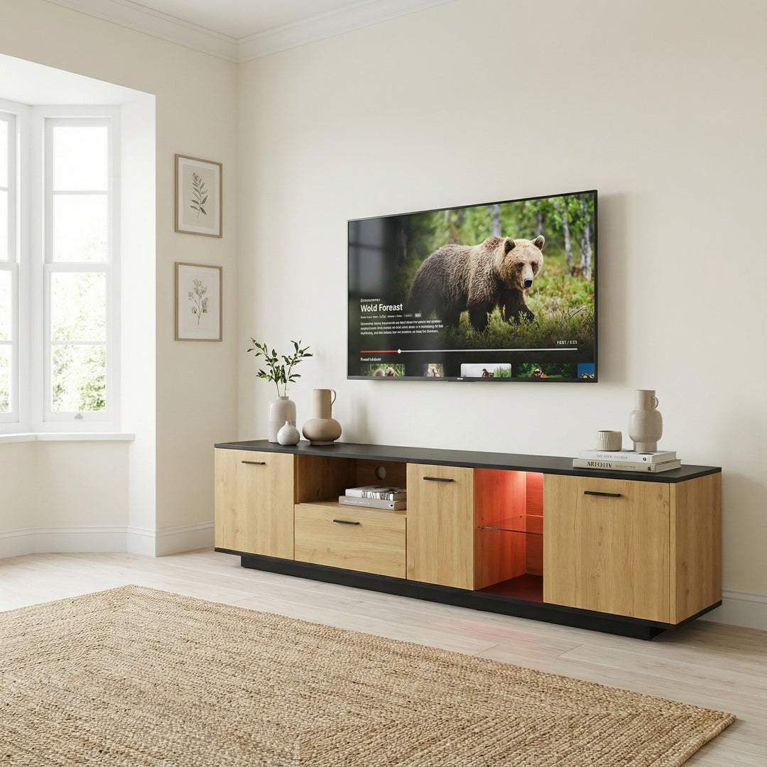 Black wooden TV cabinet with 3 doors & LED lighting INDUSIUM