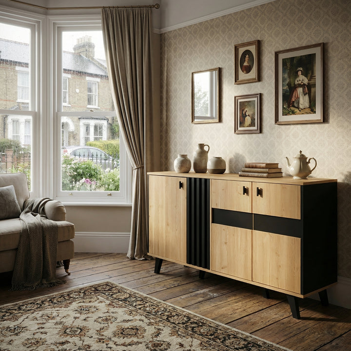 Modern wooden sideboard wood &amp; stripped black with LED lighting APOTHECI