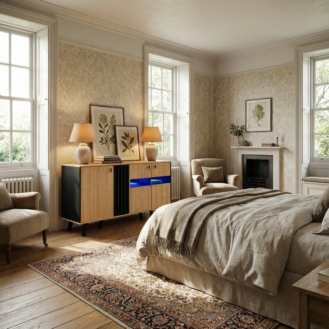 Modern wooden sideboard wood &amp; stripped black with LED lighting APOTHECI