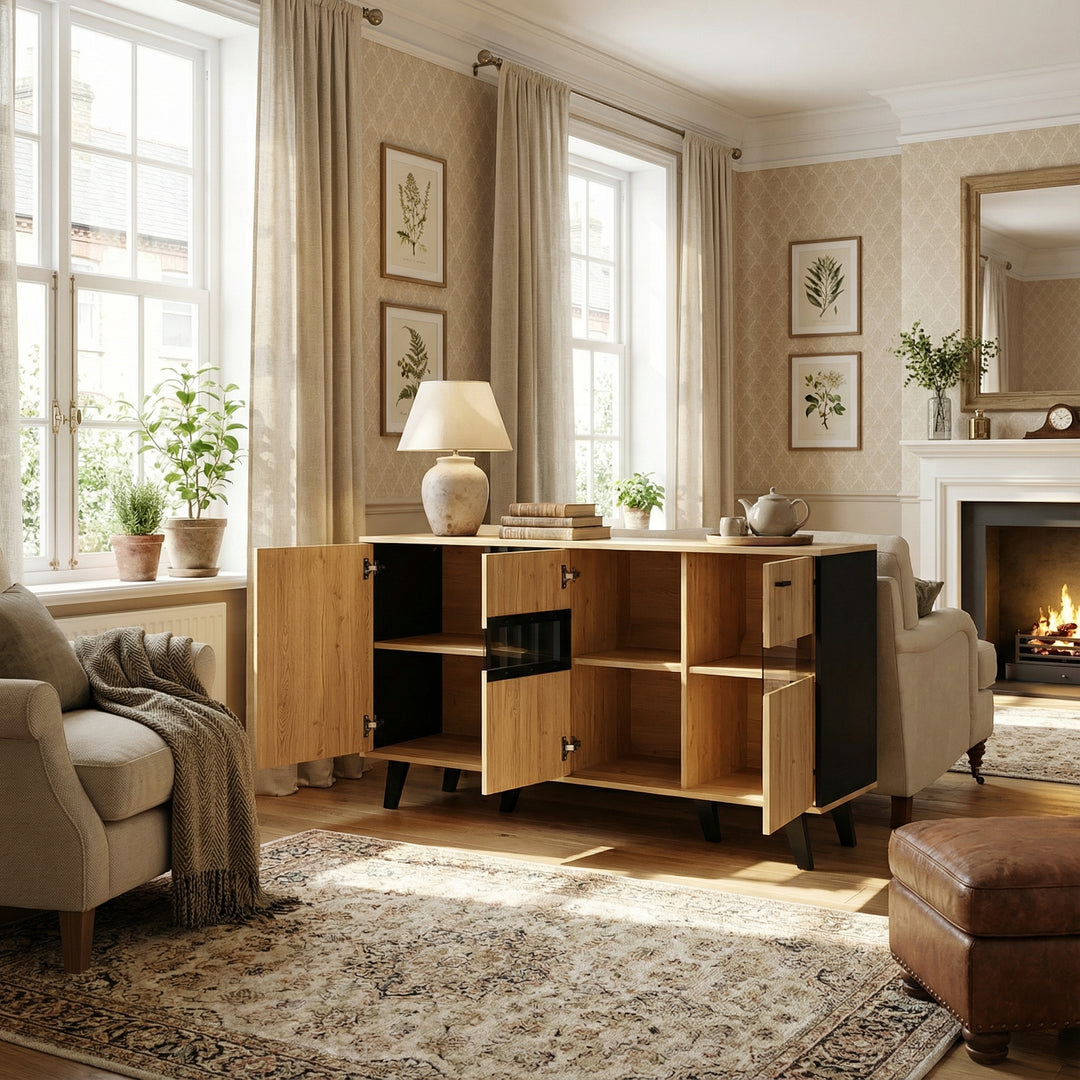 Modern wooden sideboard wood &amp; stripped black with LED lighting APOTHECI