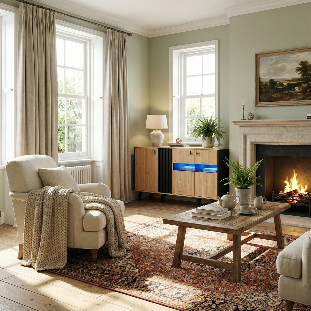 Modern wooden sideboard wood &amp; stripped black with LED lighting APOTHECI