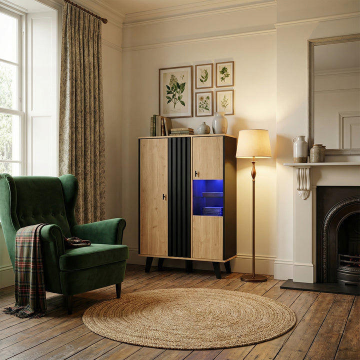00+Sideboard black & wood with LED lighting and glass doors PROTONEM