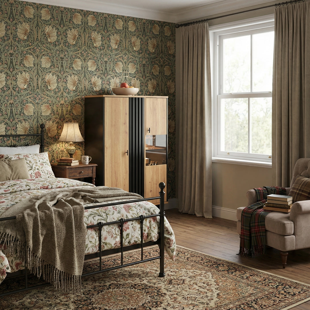 00+Sideboard black & wood with LED lighting and glass doors PROTONEM