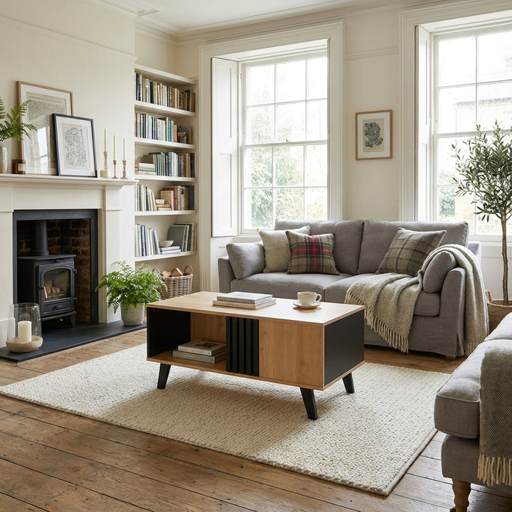 Modern wooden coffee table with black striped design, drawers & side storage WINGSEED
