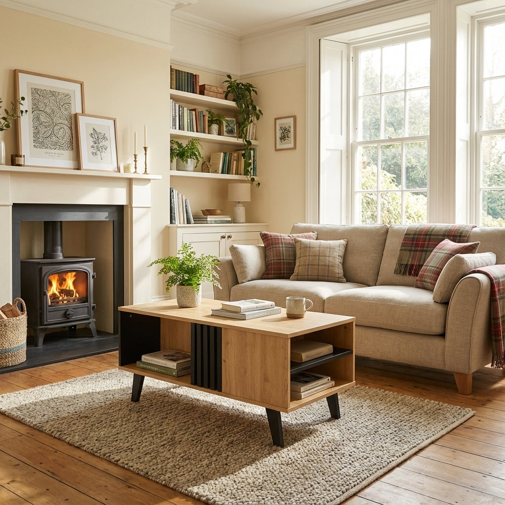 Modern wooden coffee table with black striped design, drawers & side storage WINGSEED