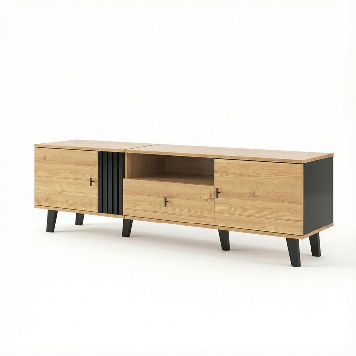 Modern wooden TV cabinet with drawer 2 doors with black slatted design SEEDLING