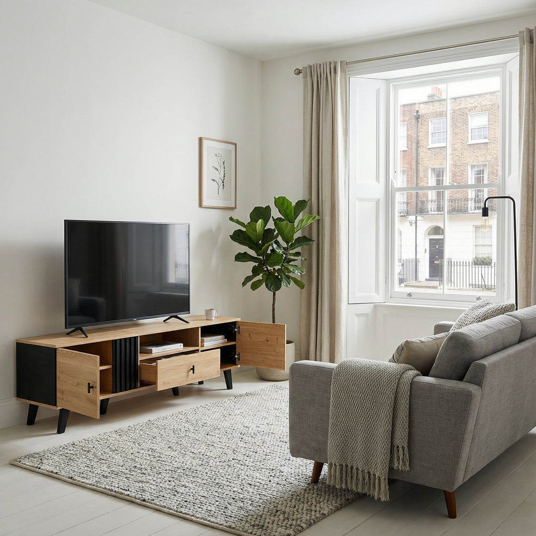 Modern wooden TV cabinet with drawer 2 doors with black slatted design SEEDLING