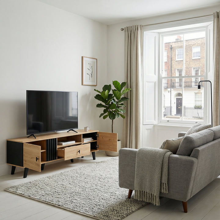 Modern wooden TV cabinet with drawer 2 doors with black slatted design SEEDLING