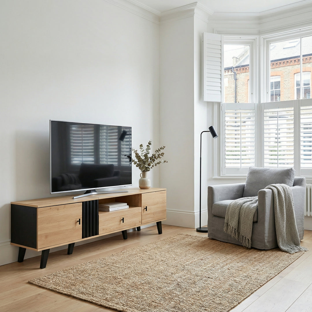 Modern wooden TV cabinet with drawer 2 doors with black slatted design SEEDLING