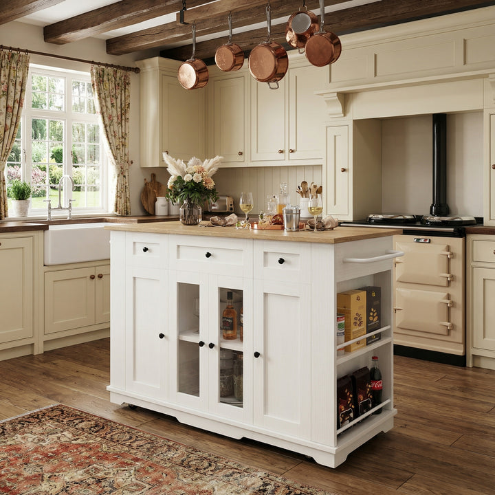 White kitchen Island trolley wood-grain look, tempered glass cabinet BEEGLUE