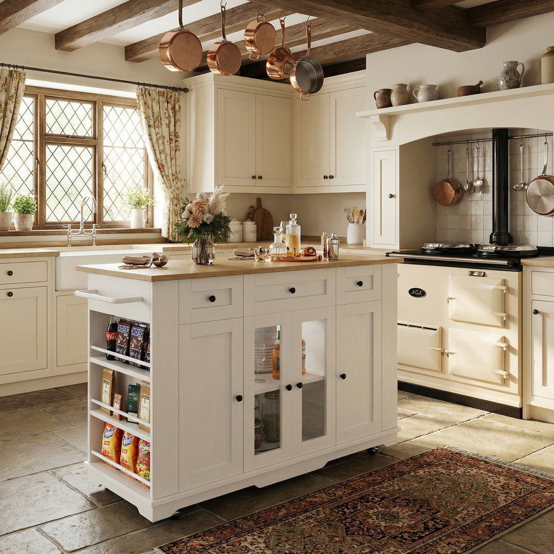 White kitchen Island trolley wood-grain look, tempered glass cabinet BEEGLUE