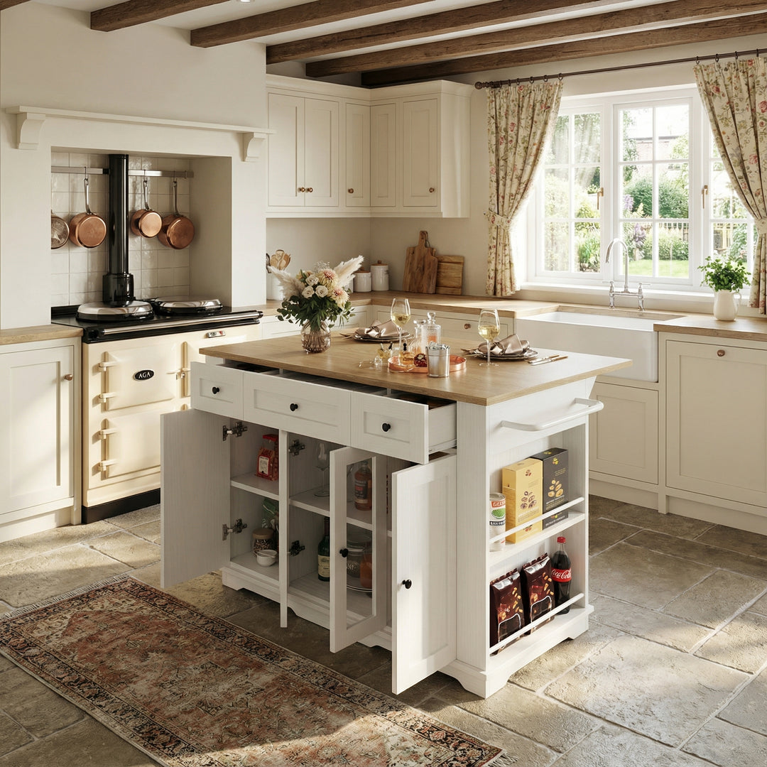 White kitchen Island trolley wood-grain look, tempered glass cabinet BEEGLUE