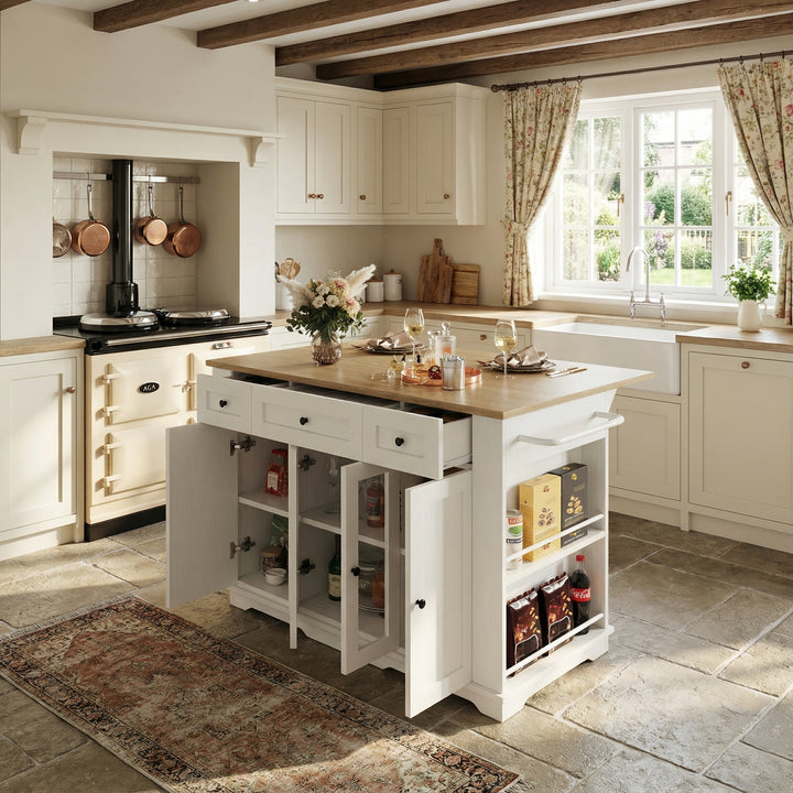 White kitchen Island trolley wood-grain look, tempered glass cabinet BEEGLUE