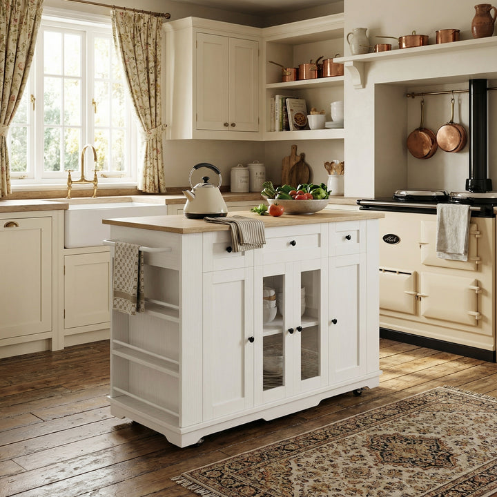 White kitchen Island trolley wood-grain look, tempered glass cabinet BEEGLUE