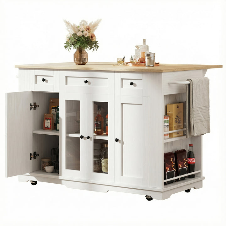 White kitchen Island trolley wood-grain look, tempered glass cabinet BEEGLUE