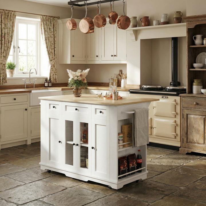 White kitchen Island trolley wood-grain look, tempered glass cabinet BEEGLUE