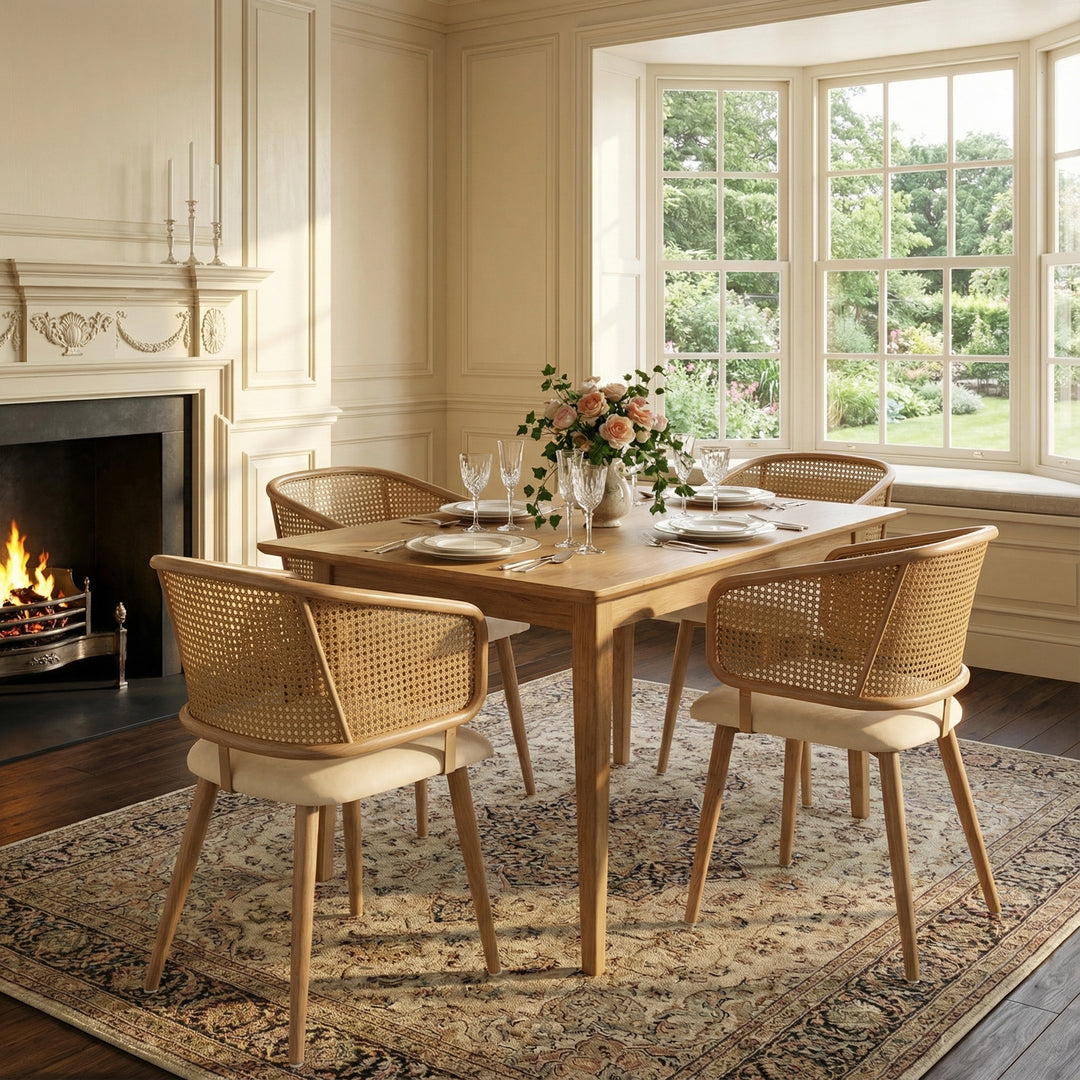 Set of 4 modern beige PU dining chairs with rattan backrest REELING