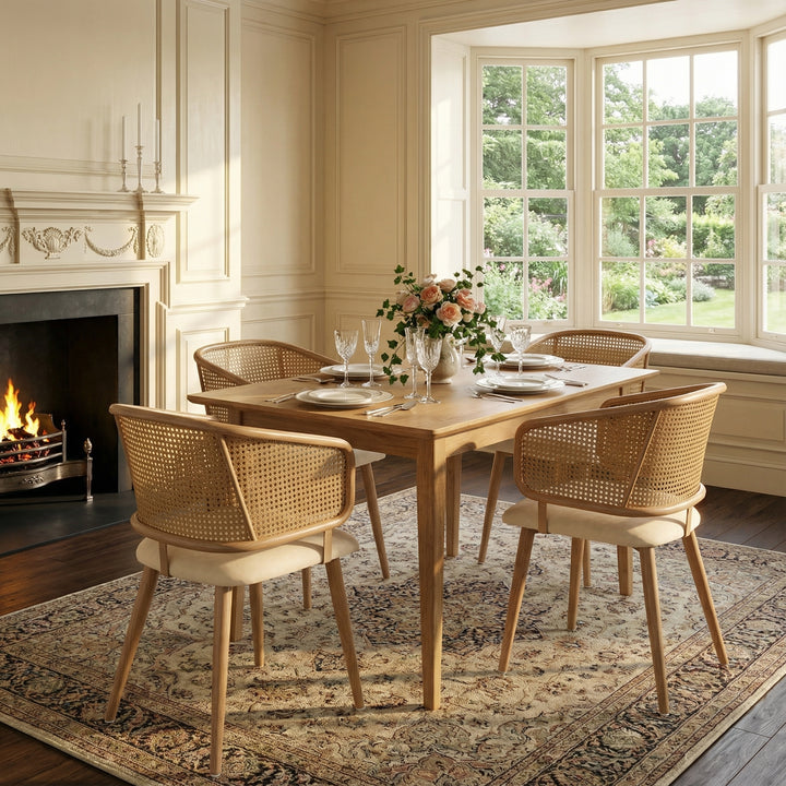 Set of 4 modern beige PU dining chairs with rattan backrest REELING