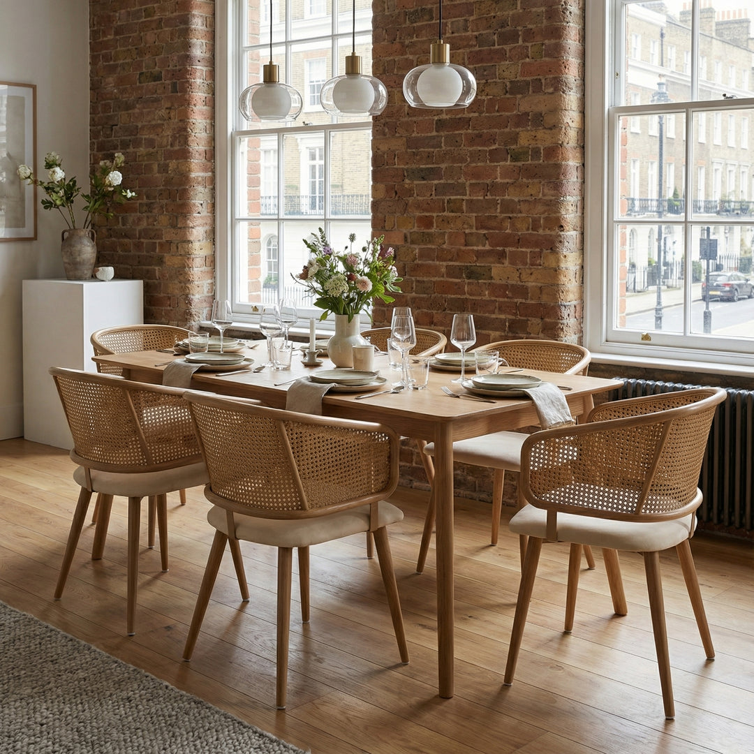 Set of 4 modern beige PU dining chairs with rattan backrest REELING