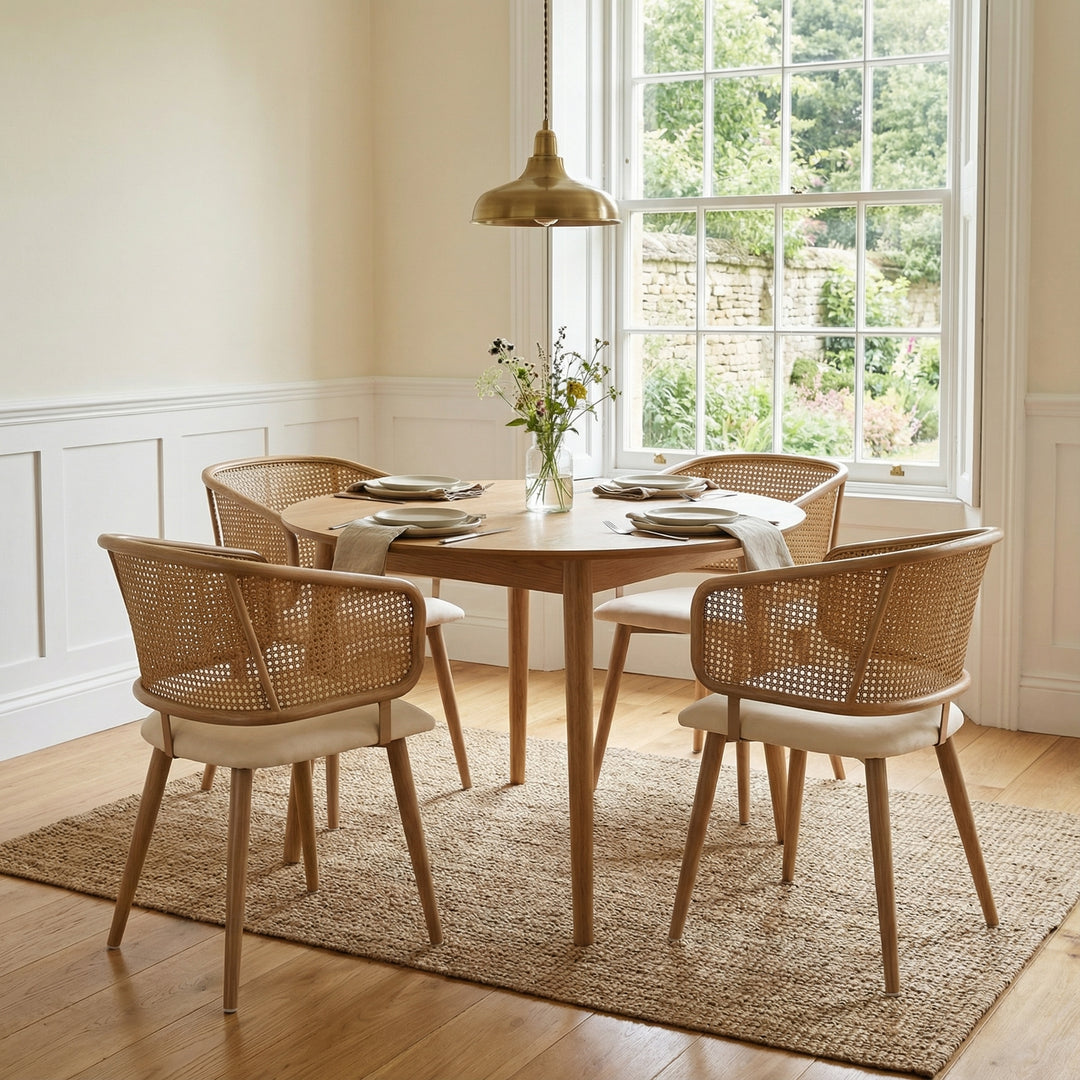 Set of 4 modern beige PU dining chairs with rattan backrest REELING