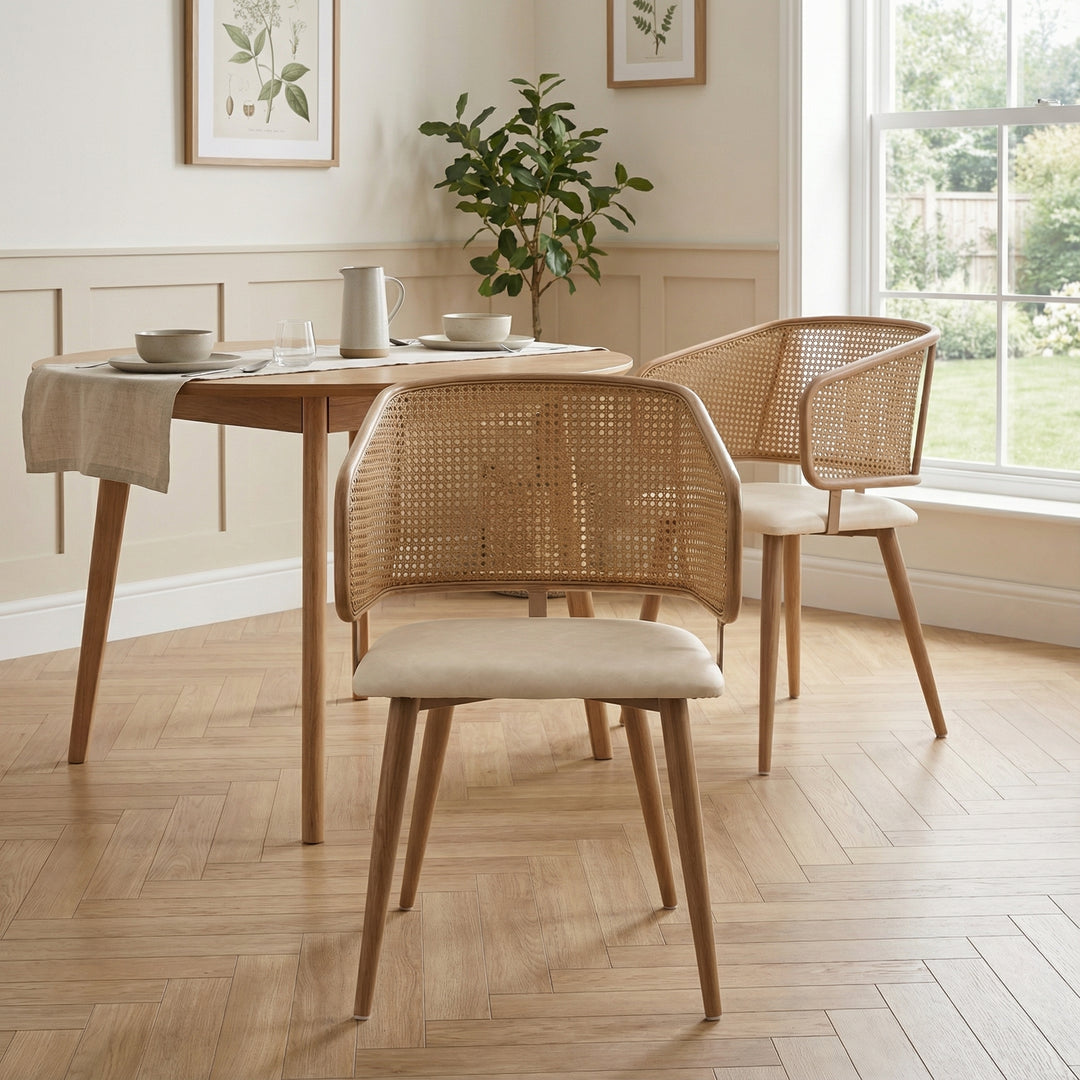 Set of 4 modern beige PU dining chairs with rattan backrest REELING
