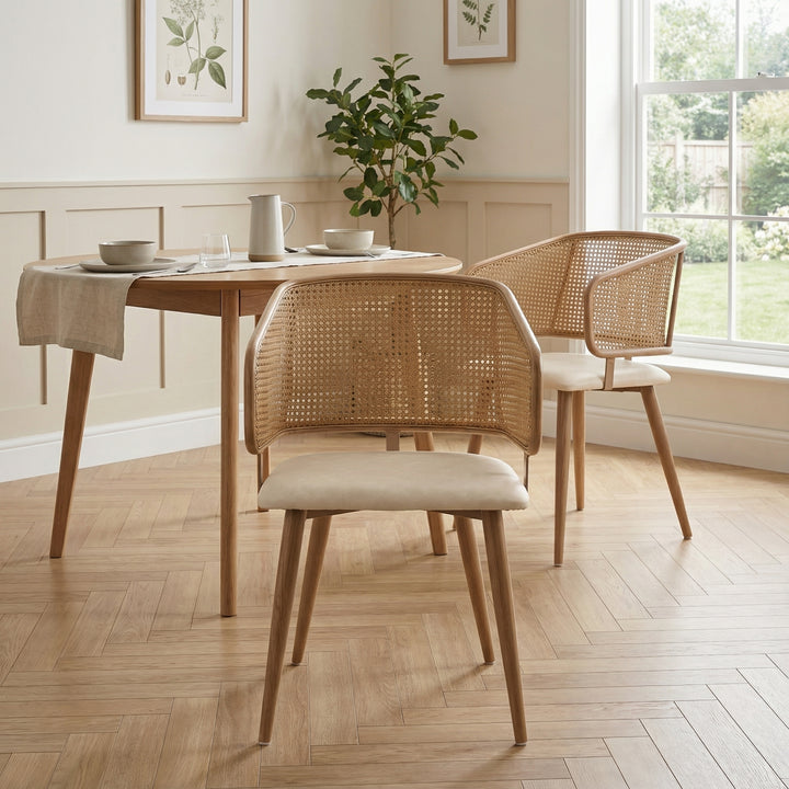 Set of 4 modern beige PU dining chairs with rattan backrest REELING