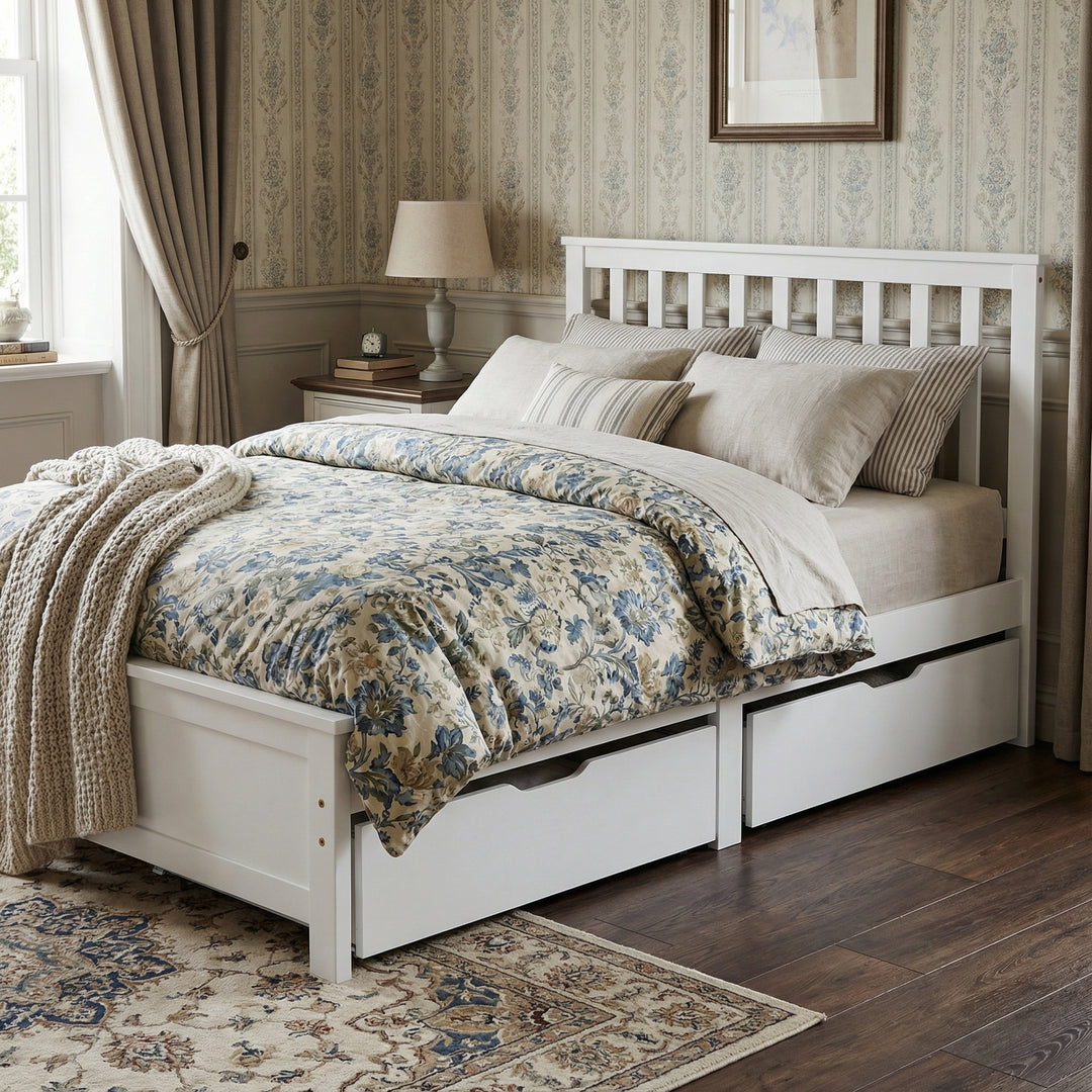 White wooden single bed with 2 drawers (90×190cm) FOOTPRINT