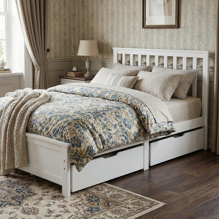 White wooden single bed with 2 drawers (90×190cm) FOOTPRINT