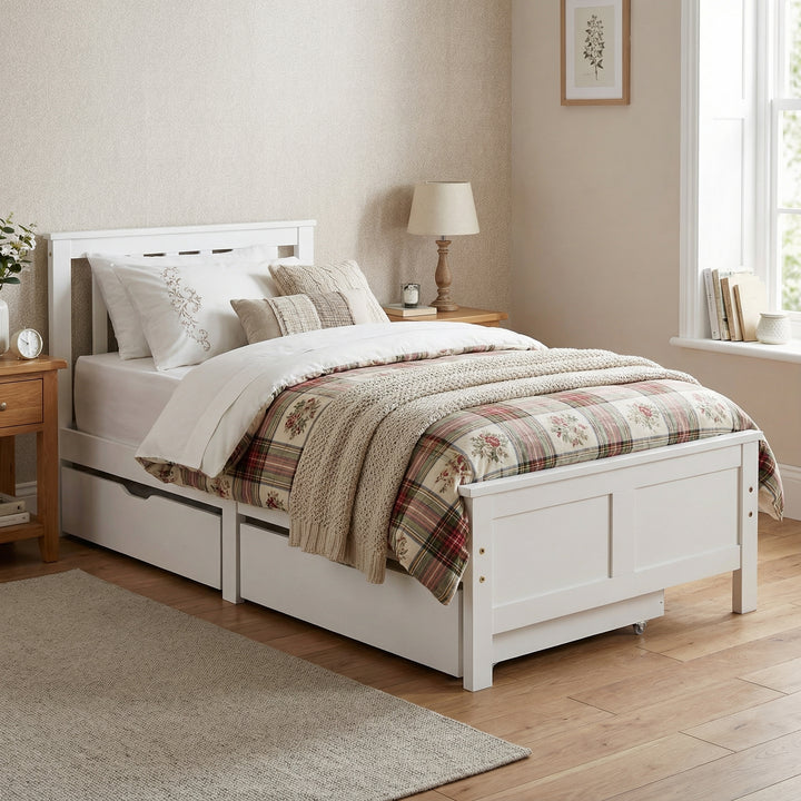 White wooden single bed with 2 drawers (90×190cm) FOOTPRINT